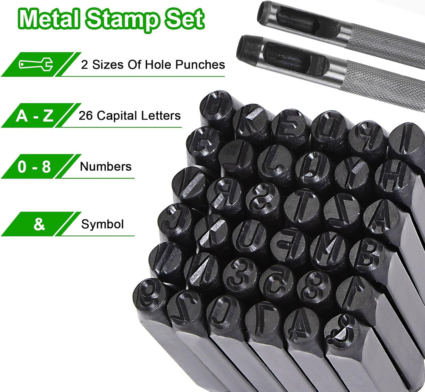 HARFINGTON 36pcs Metal Stamping Kit 5/16" (8mm) (A-Z, 0-8, "&" Symbol) Steel Letter Punch Press Tool with Hole Punch to Stamp on Metal, Plastic, Wood, Leather, Black