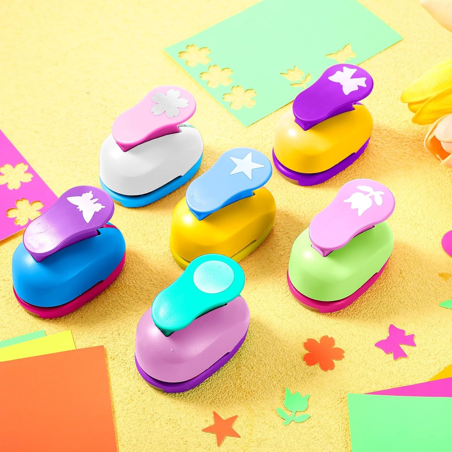 CHENGU 16 Pcs Craft Holes Punch Paper Punchers Scrapbook Punches with Craft Sticker Paper, Round, Star, Square, Heart, Flower, Wave Circle Shape (1 Inch,Fresh Style)