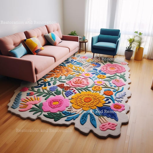 Handmade Wool Floral Area Rug for Living Room | Elegant Flower Garden Design, Soft, Thick and Durable | Bedroom, Dining Room & Home Decor Carpet (8' Round, Floral H)