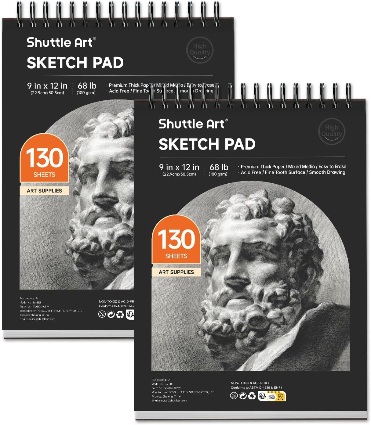 Shuttle Art 9”x12” Sketch Pad, 260 Sheets (68lb/100gsm) Drawing Pad, Pack of 2, 130 Sheets Each, Spiral Bound Sketch Book, Durable Acid-Free Drawing Paper, Great Sketch Pad for Kids, Teens & Adults