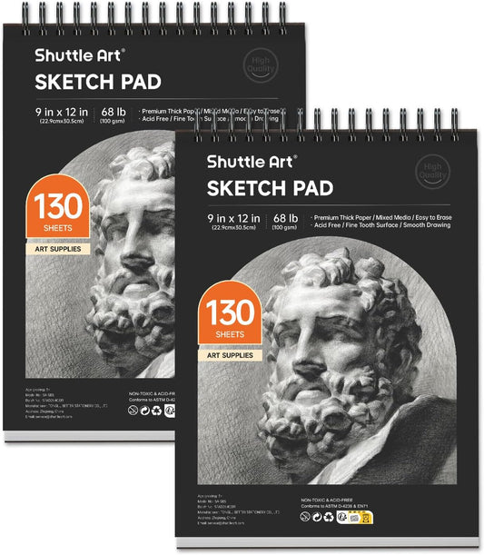 Shuttle Art 9”x12” Sketch Pad, 260 Sheets (68lb/100gsm) Drawing Pad, Pack of 2, 130 Sheets Each, Spiral Bound Sketch Book, Durable Acid-Free Drawing Paper, Great Sketch Pad for Kids, Teens & Adults