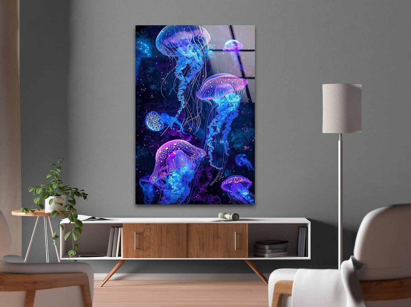 My Photostation.com 32Wx48H'' Glowing Jellyfish Glass Wall Art Tempered Glass Printing Wall Decor Large Wall Art Wall Hangings