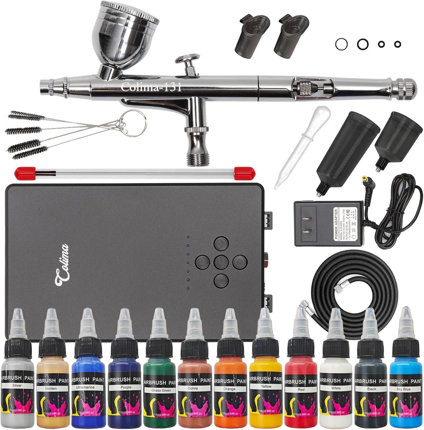 Colima Dual-Action Airbrush Kit with Compressor—55PSI High Pressure 7 Adjustable Settings 12 Paint Set & Cleaning Kit for Models, Miniatures, Hobby Art (2025 Upgrade)