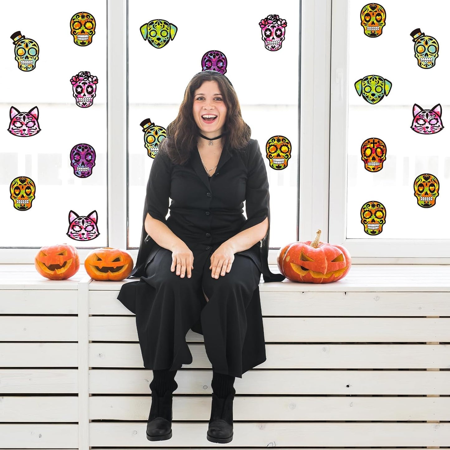Renbuzhu 36PCS Dia De Los Muertos Crafts Bulk: Sugar Skull Paper Suncatchers DIY Kit for Day of The Dead Halloween Party Activities Decorations, Window Stained Glass Effect Art Supplies