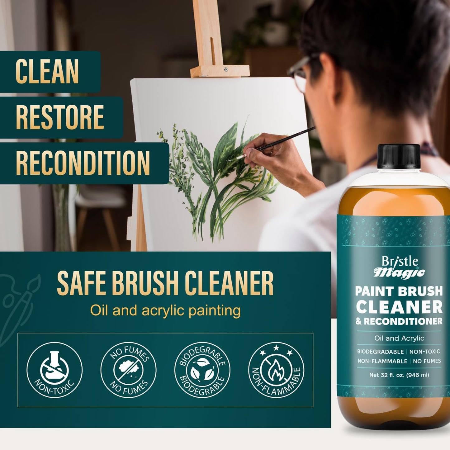Oil Paint Brush Cleaner and Restorer-Paintbrush Cleaner for Acrylic, Oil, and Glass Paints-Biodegradable, Non-Toxic, Odorless, Eco-Friendly, Quick-Clean Formula Paint Remover (32 Fl Oz)
