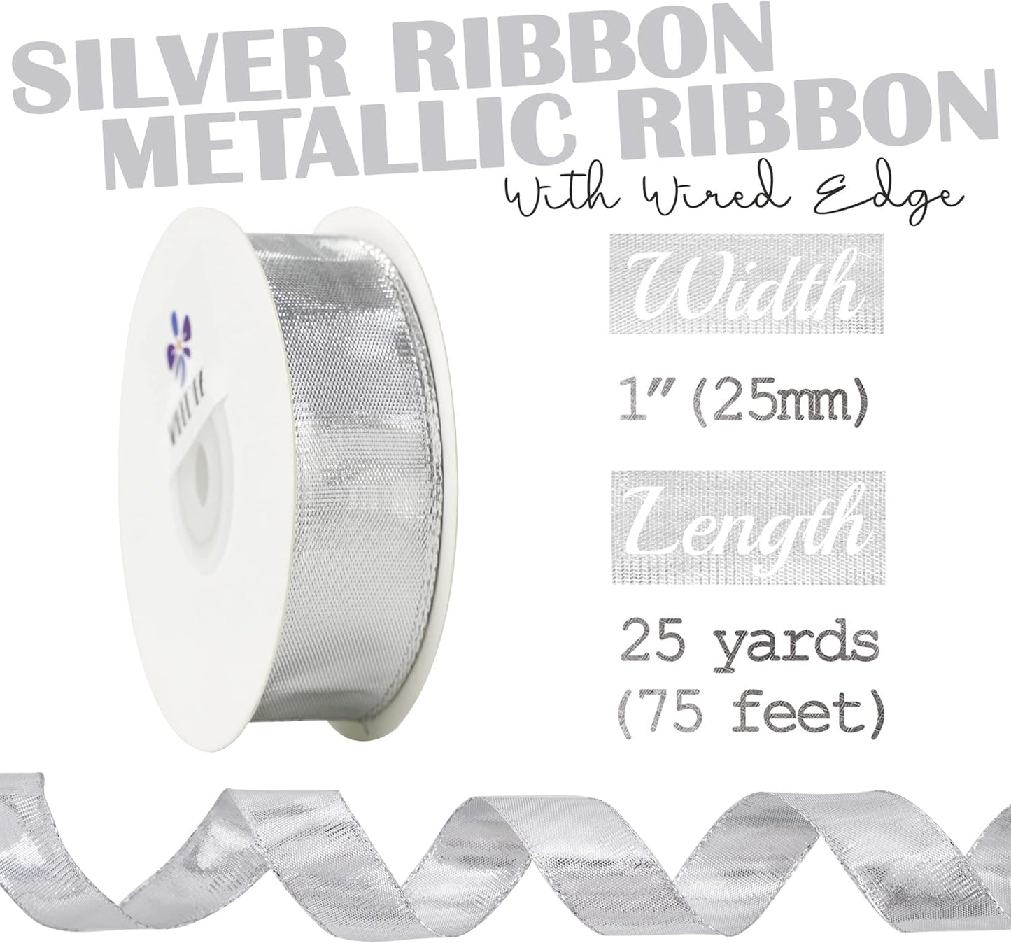 MEEDEE Silver Wired Woven Metallic Ribbon - 1 inch Silver Wired Ribbon for Gift Wrapping, Gift Bows, DIY Crafts, Graduation Baskets, Wedding, Party Decorations (25 Yards)