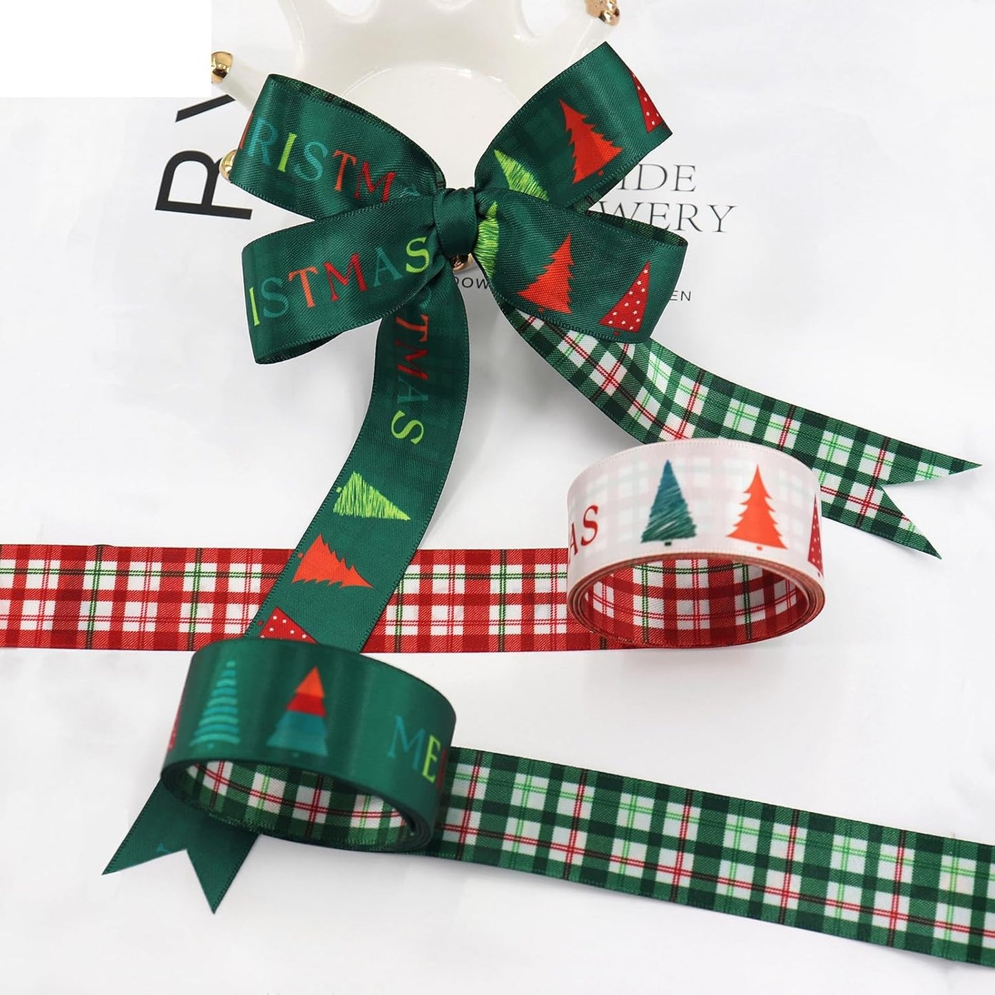 Christmas Gift Wrapping Ribbon, Red, Green, 2 Rolls Printed Grosgrain Ribbons for Crafts, Floral Bouquets, Sewing, Party and Festive Holiday Decor (2 Rolls(Green/White), 1 Rolls=1in * 5Yards)
