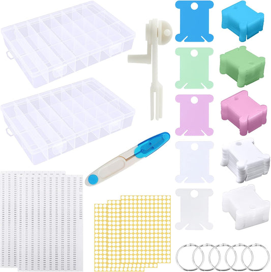 Yuahar 265Pcs Embroidery Floss Organizer Kit, 2 Removable 24-Grid Thread Storage Boxes with 250 Plastic Bobbins, 2 Bobbin Winders and Stickers for DIY Cross Stitch Needlework Thread Sewing