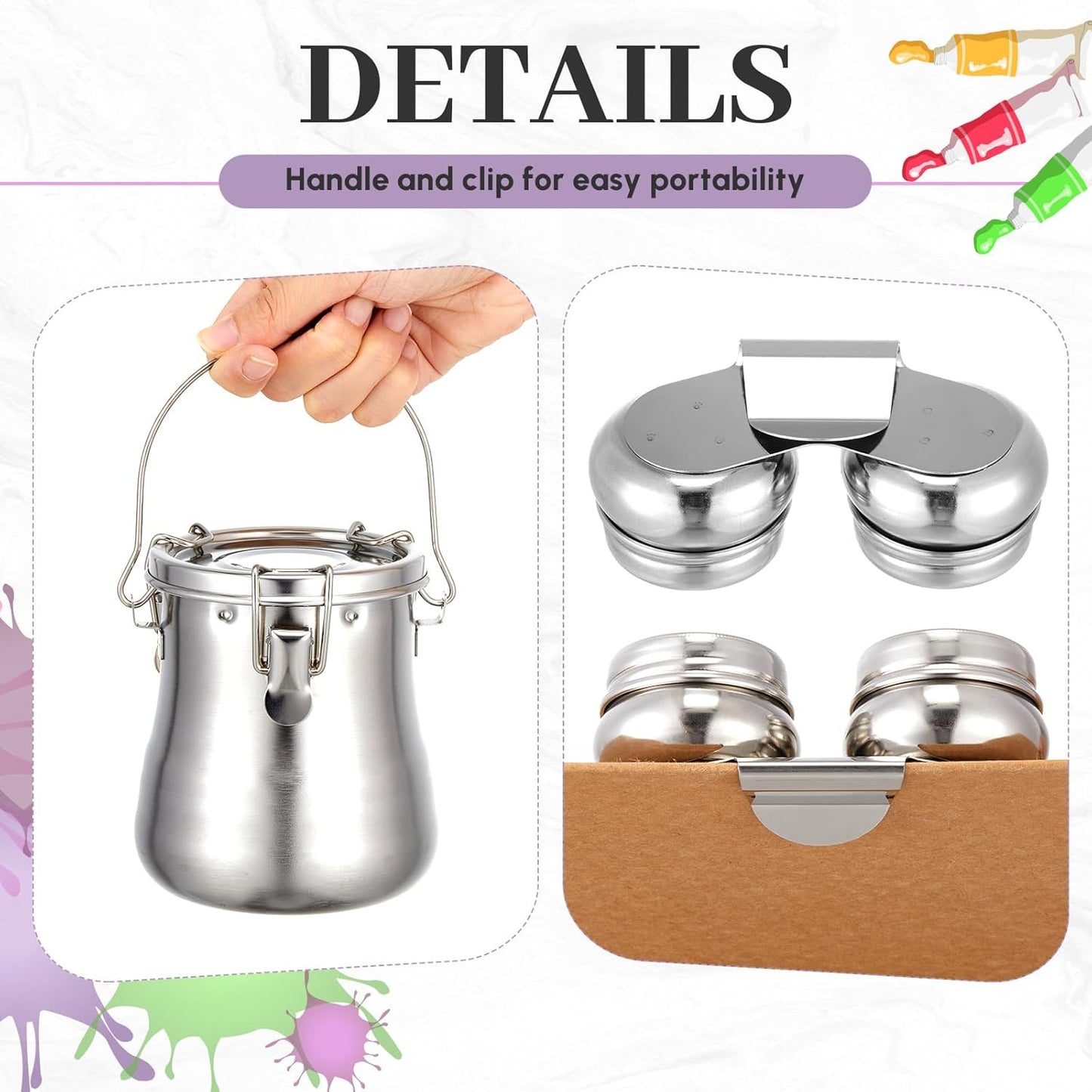 2 Pcs Paint Brush Cleaner Set Airtight Stainless Steel Double Dipper Palette Cup Portable Paint Brush Washer Holder for Oil Cleaner Kits (Large)