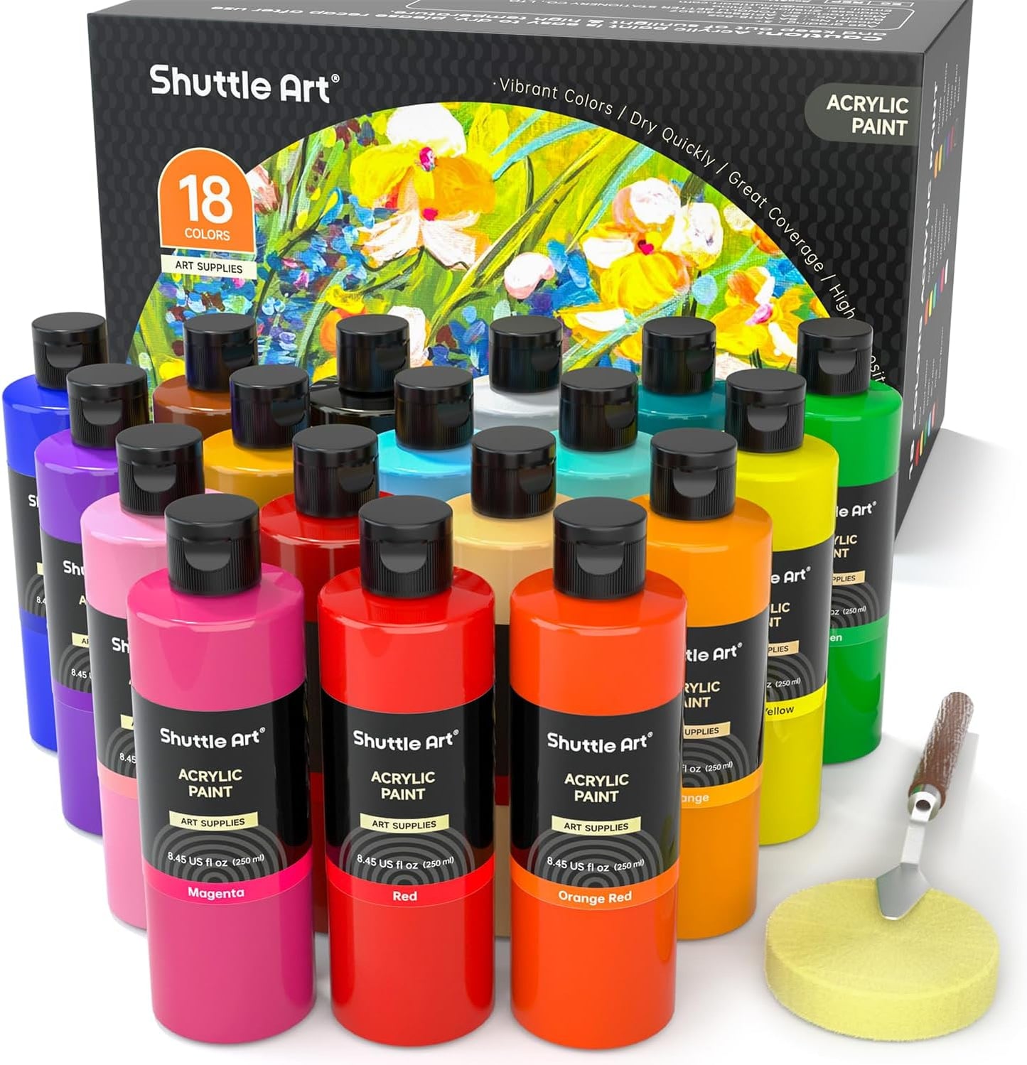 Shuttle Art 18 Colors Acrylic Paint Bottle Set (250ml/8.45oz), Rich Pigmented Bulk Painting Supplies for Artists, Beginners and Kids on Rocks Crafts Canvas Wood Ceramic