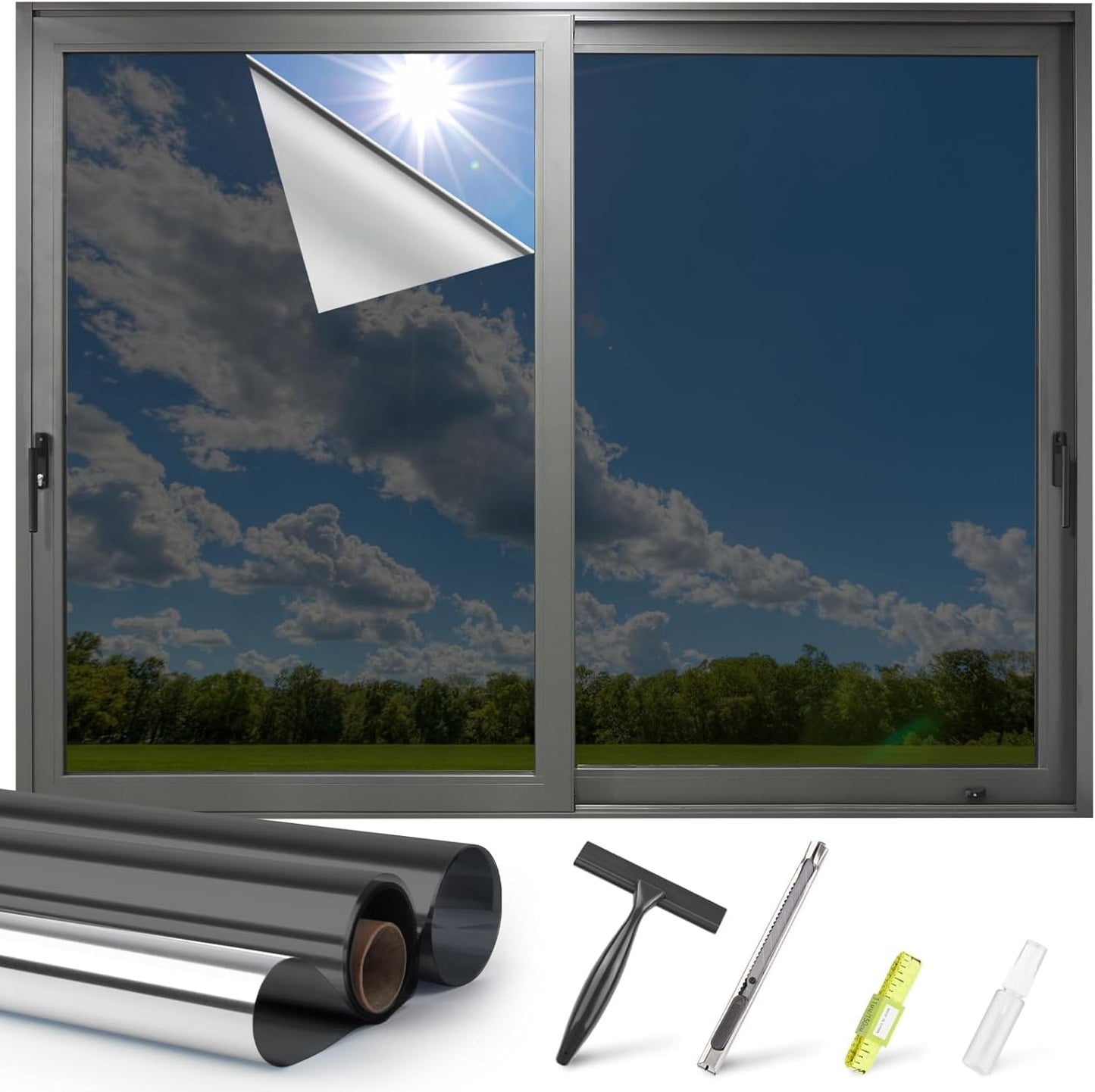 Kromapolis One Way Window Privacy Film Reflective Mirror Home Window Tint, Daytime Privacy Heat Control Anti UV Glass Tinting Static Cling (Black-Silver, 45.2 x 78.7 inch)