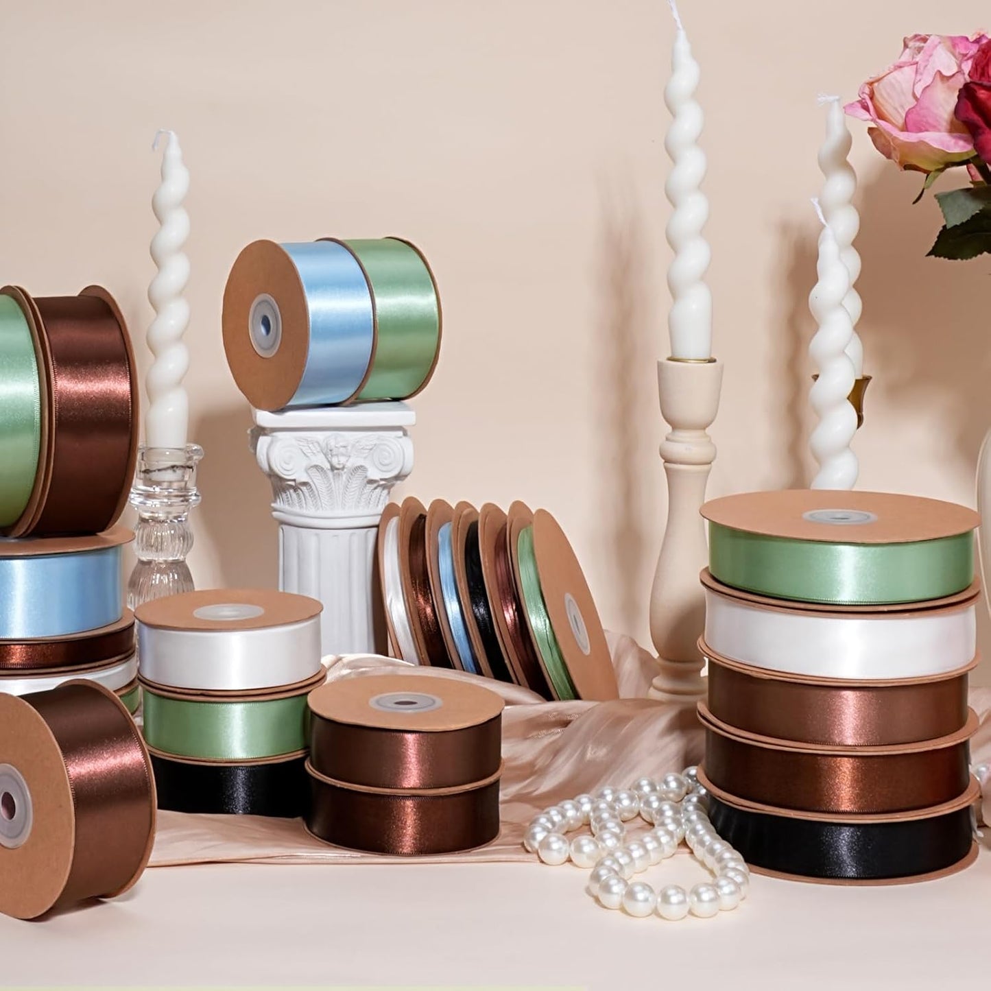 LaRibbons Brown Satin Ribbon 1 Inch 50 Yards Thin Luxury Double Faced Mocha Mousse Silk Ribbon for Flower Bouquet Crafts Gift Wrapping Wedding Decoration