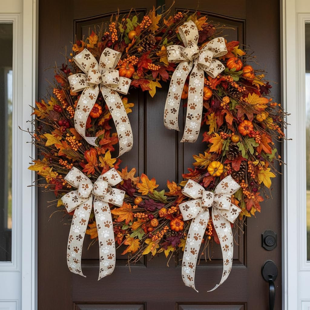 CT CRAFT LLC Ivory Canvas Dog Paw Wired Ribbon 1.5 Inch x 10 Yards for Christmas Home Decor Tree Topper Bow Gift Wrapping DIY Crafts Wreath Garland