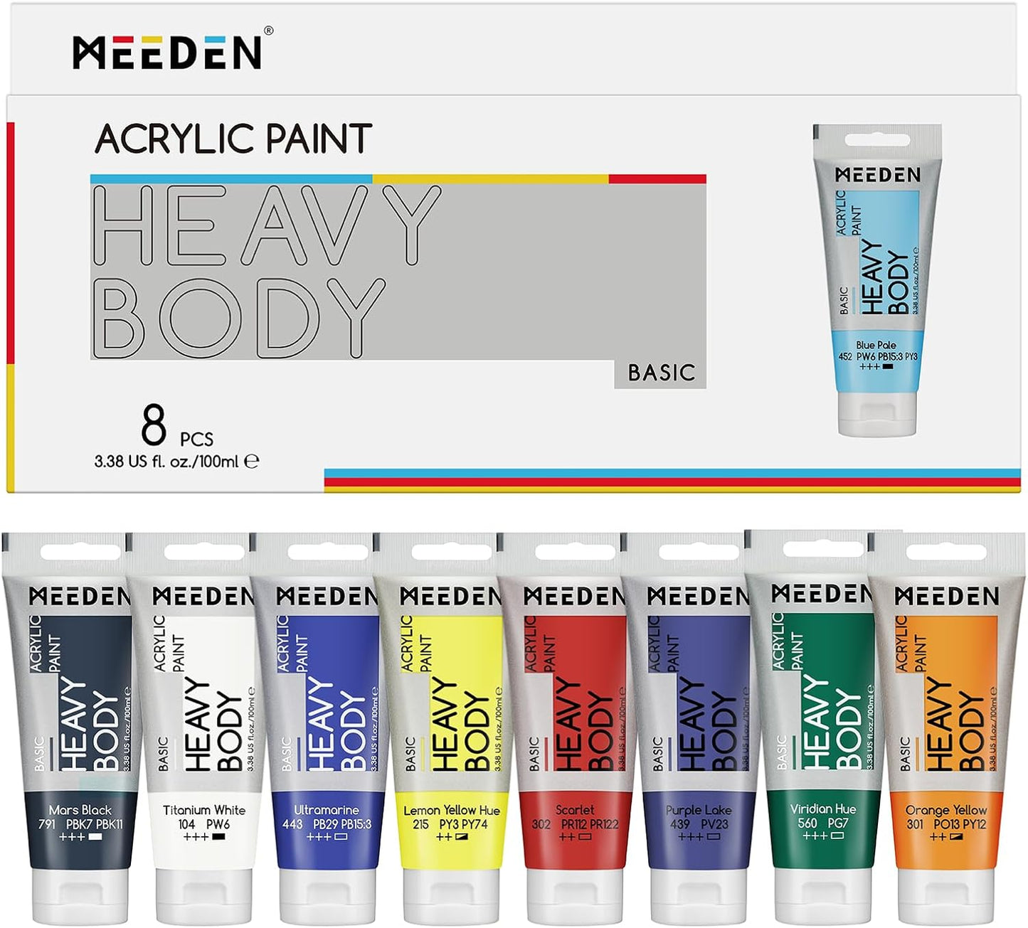 MEEDEN Heavy Body Acrylic Paints: Satin Finish Acrylic Paint for Halloween Pumpkin Painting - 100ml/3.38oz 8 Primary Colors Thick Basic Art Paint Tubes for Pumpkin Decoration