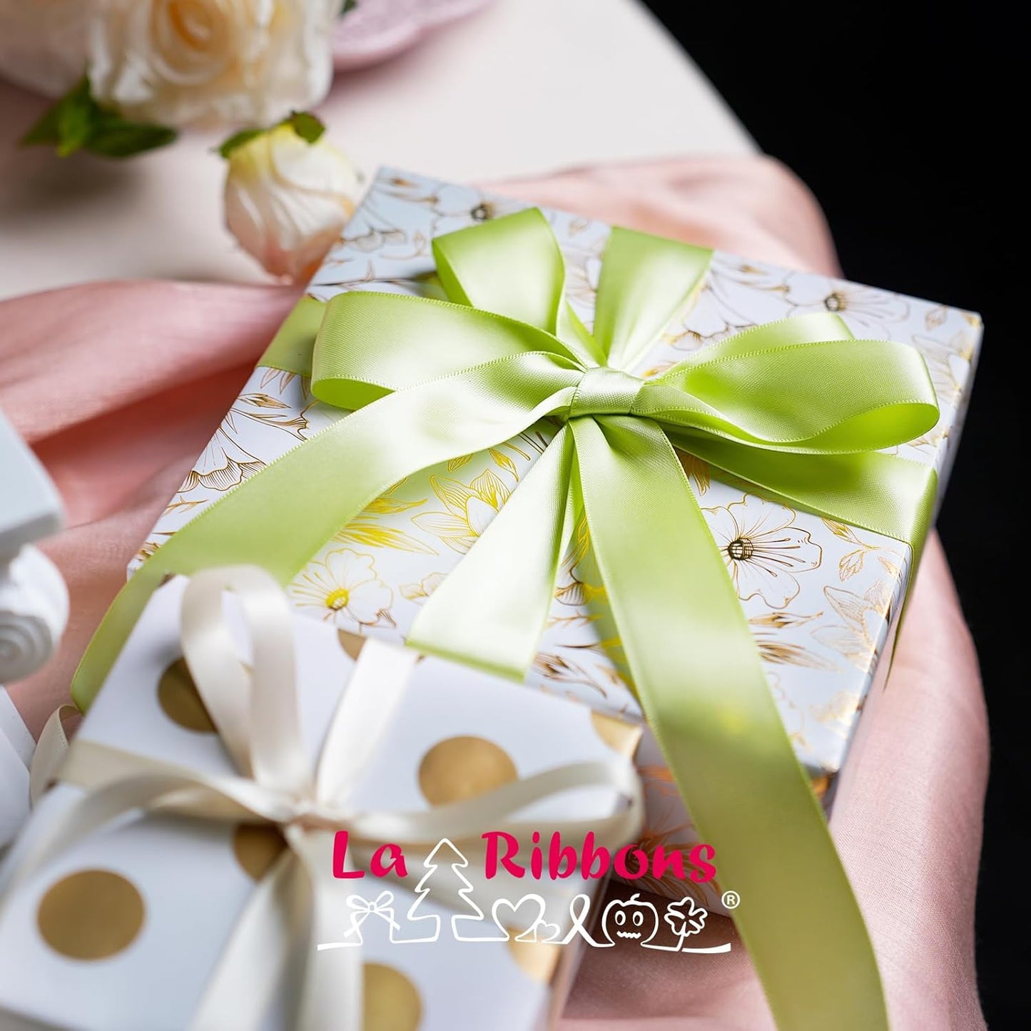 LaRibbons 1 Inch 50 Yard Double Faced Satin Ribbon,Sage Green Satin Craft Fabric Ribbon for Gift Wrapping Floral Bouquets Wedding Party Decoration