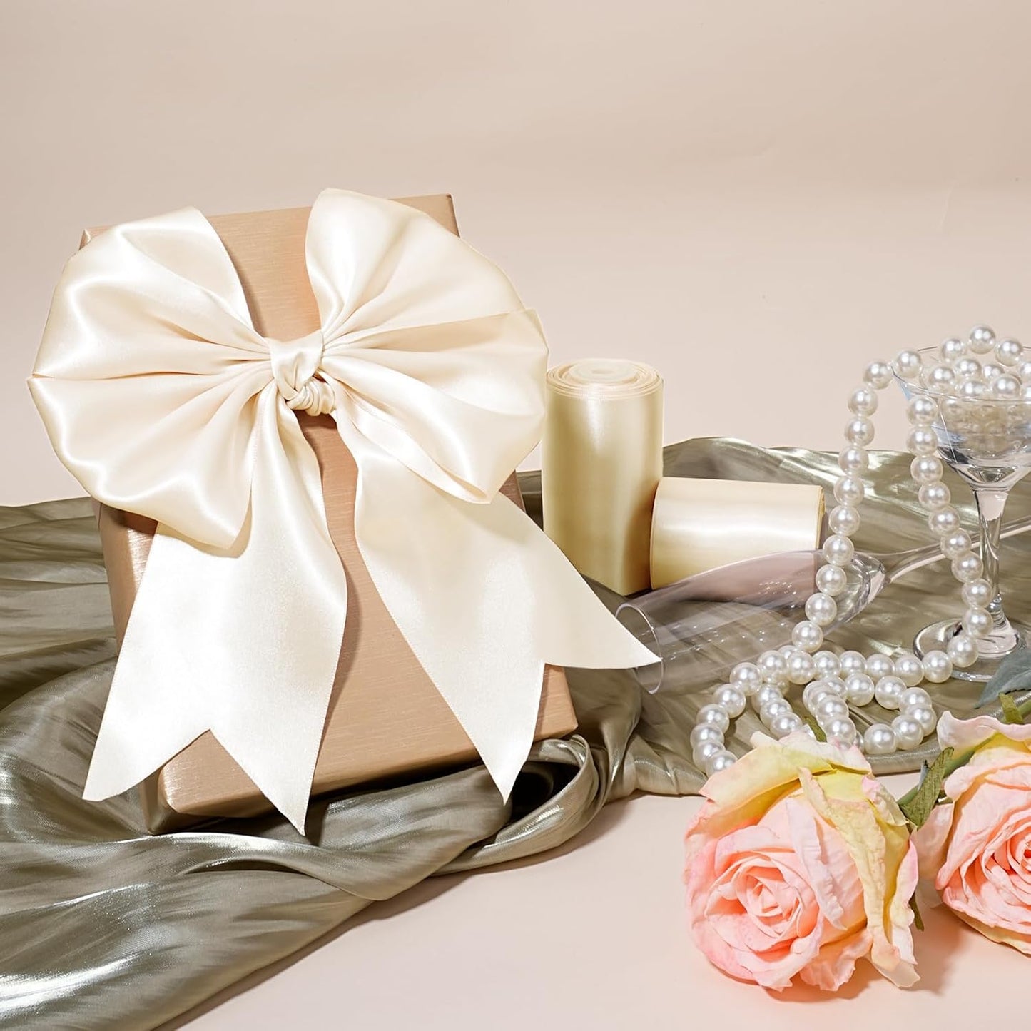 LaRibbons Nude Satin Ribbon 3 Inch 10 Yards Double Faced Luxury Nude Silk Ribbon for Gift Wrapping Flower Bouquets Bow Christmas Wedding Party Decoration