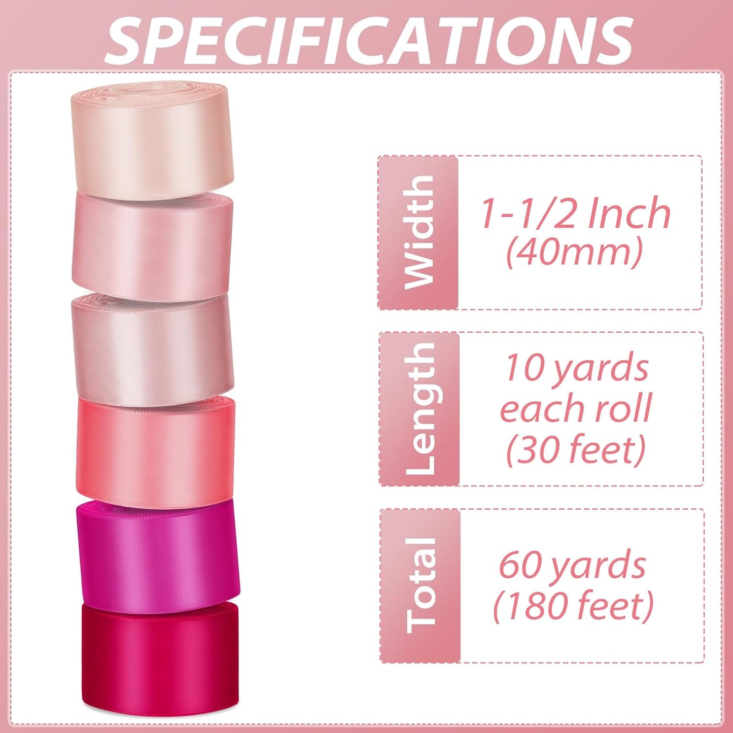 1-1/2 Inch Pink Satin Ribbons for Crafts, 6 Rolls Single-Faced Pink Assorted Ribbons for Gift Wrapping Flower Bouquet Wedding Invitations Bridal Shower Hair Bows Garland Party Decor