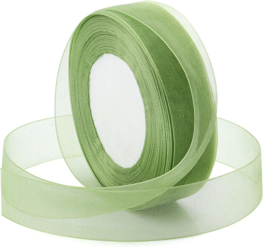 Green Ribbon for Gift Wrapping, 1 inch 50Yard Sage Green Sheer Organza Ribbon for Flower Bouquet, Crafts, Gifts Wrap Chiffon Fabric Ribbons for Birthday, Wedding, Christmas, Easter Decoration