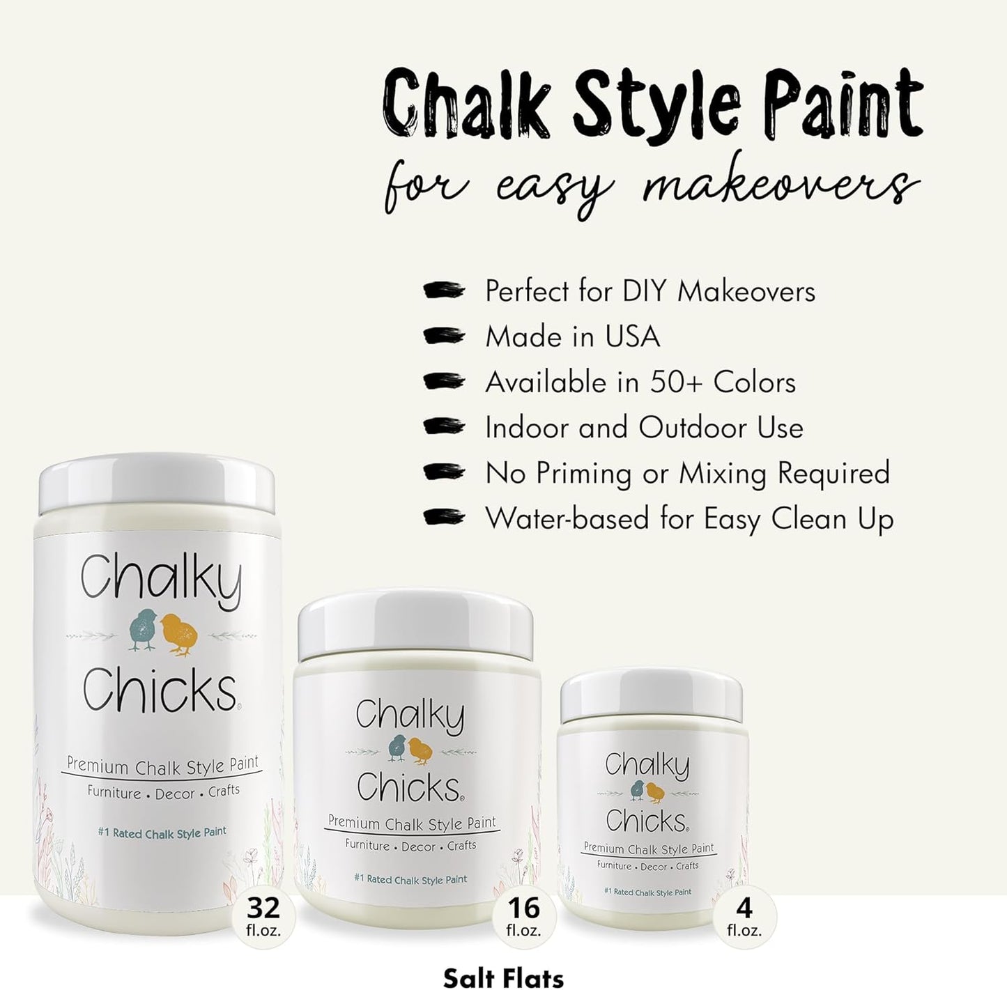 Chalky Chicks All-in-One Chalk Paint for Furniture or Cabinet - 16 Fl Oz - Matte Finish Salt Flats (Off White) for Metal, Wood Furniture Paint - No Sanding All-in-One for Home Decor & Crafts, USA Made