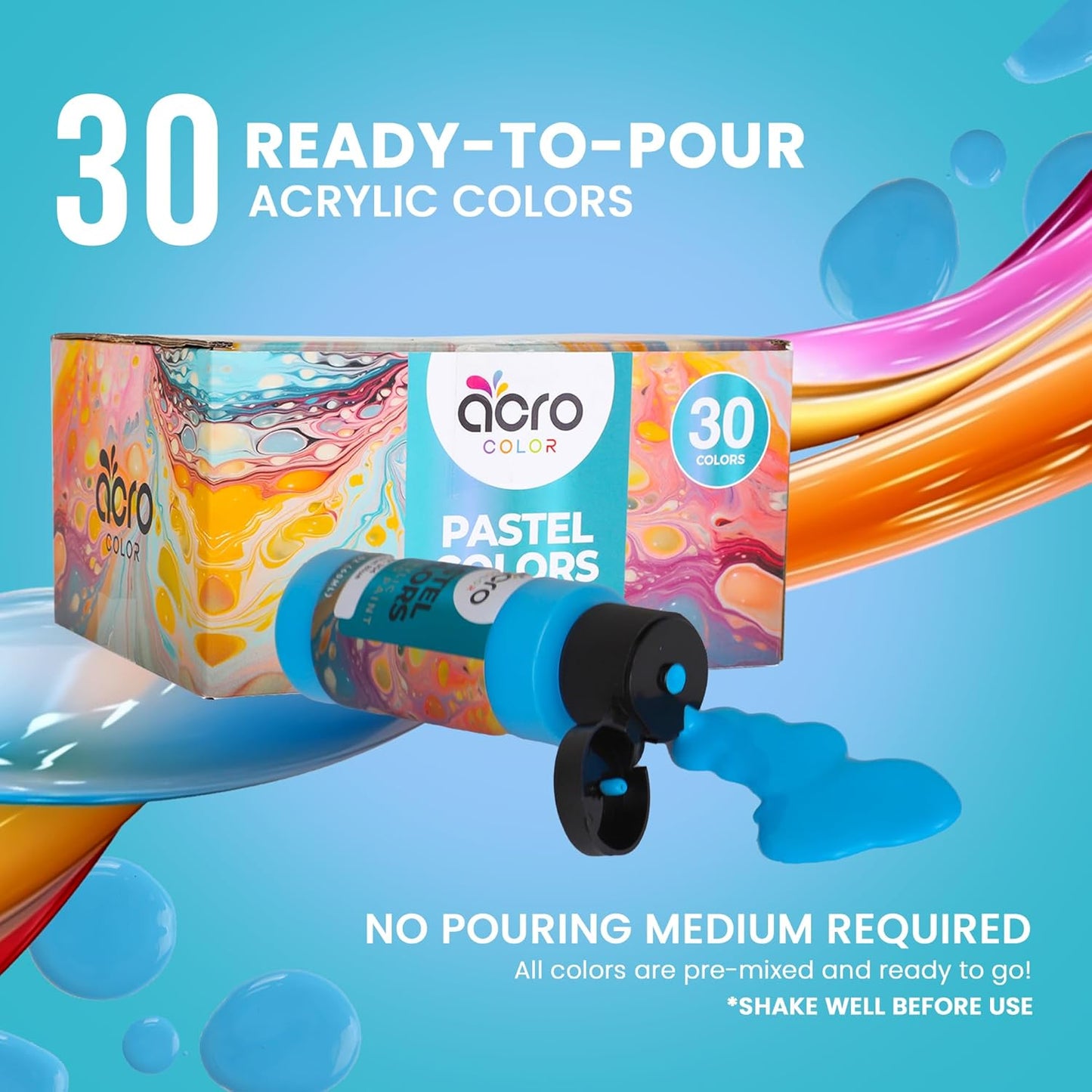 Acrylic Pouring Paint Set | 30 Vibrant Colors Including An Array Of Metallic, Neon & Pastel Paints | Pre Mixed, Ready to Use, High Flow Paint For Canvas, Paper, and More | 2 Ounces Per bottle (Pastel