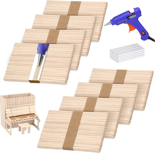400PCS Wooden Craft Sticks Kits, 6 inch Natural Wood Popsicle Sticks with Hot Glue Gun and Sticks for Ice Pops Waxing Hair Removal and Wax Supplies Classroom DIY Craft Project Tongue Depressor