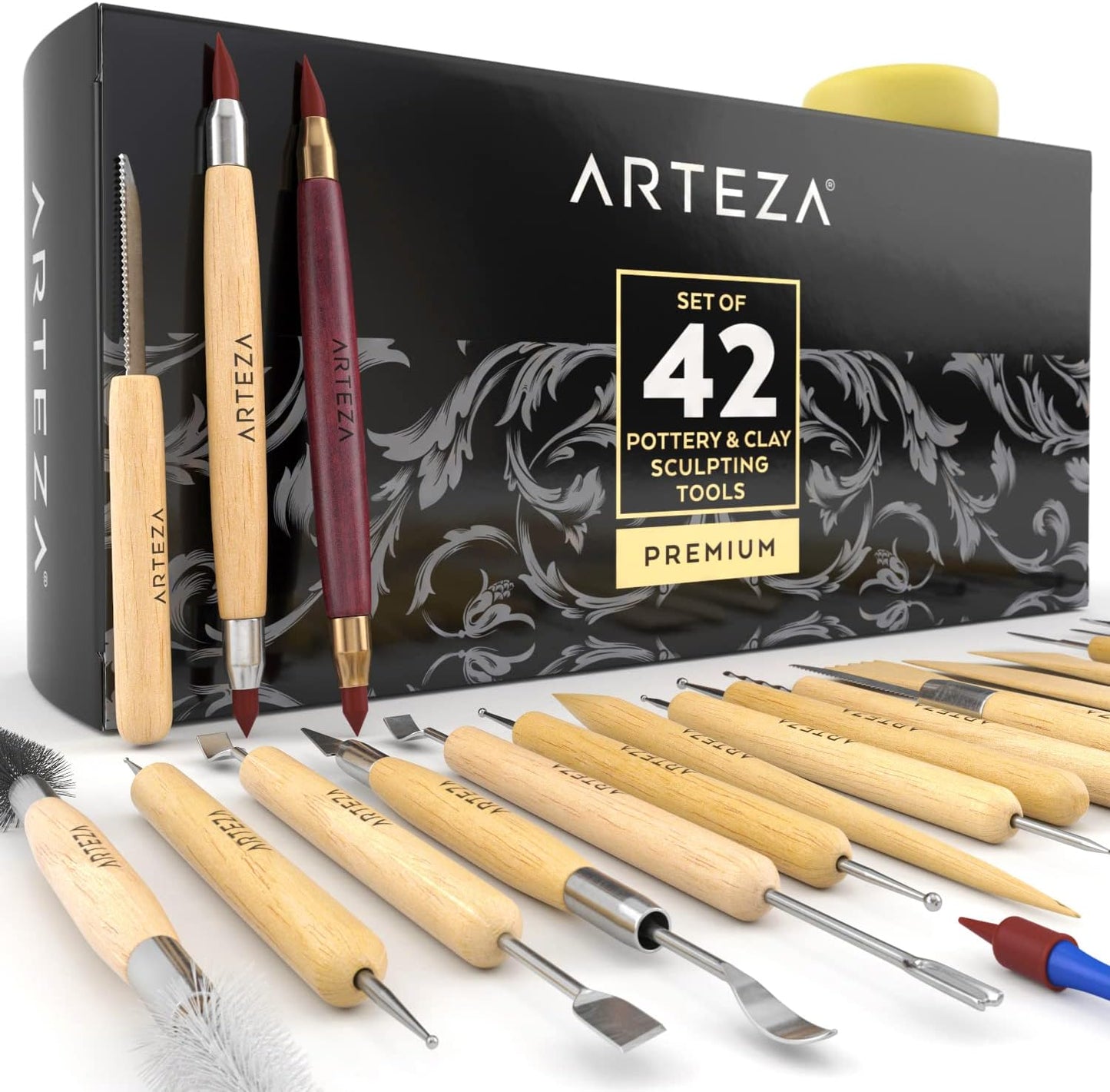 Arteza Pottery & Polymer Clay Tools, 42-Piece Sculpting Set, Steel Tip Tools with Wooden Handles, for Pottery Modeling, Smoothing, Carving & Ceramics