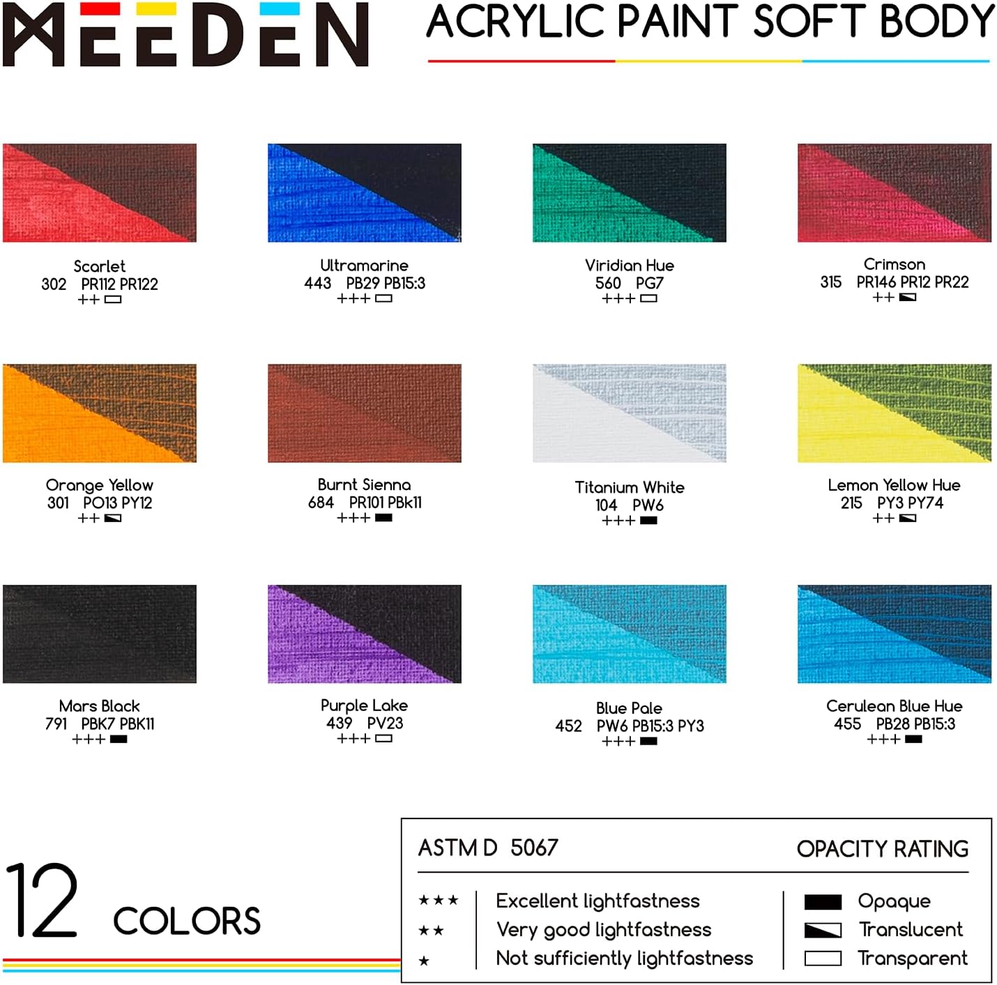 MEEDEN Soft Body Acrylic Paints Set: Matte Finish 12 Colors x 60ml/2oz Fluid Acrylic Paints for Art Painting on Canvas Wood & Glass for Students Adults Artists