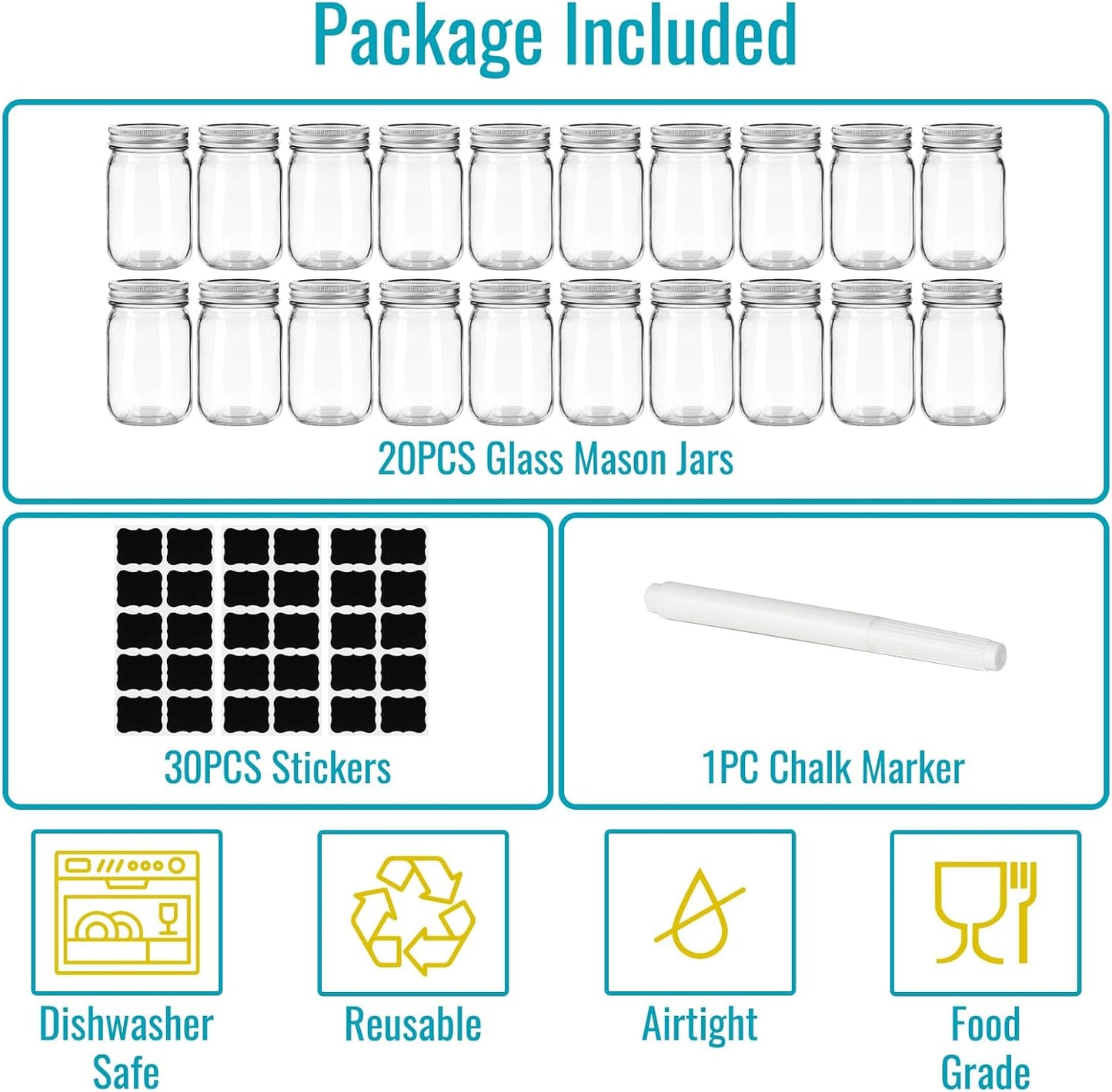 12 oz Mason Jars with Lids 20 Pack - Regular Mouth Canning Jars, Clear Glass Jar for Spices, Dry Goods, Meal Prep, Crafts & Pantry Storage- Includes 30 Stickers & 1 Chalk Pen