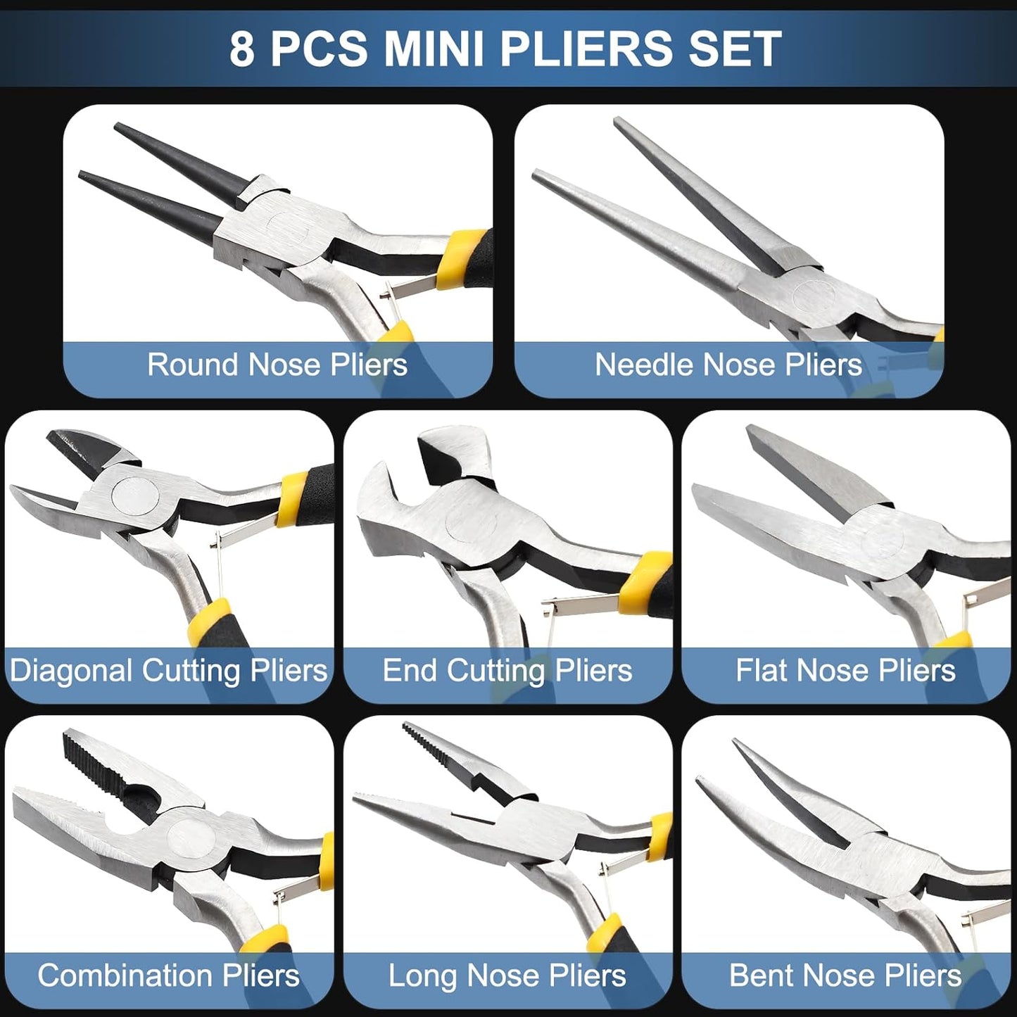8pc 4.5" Mini Pliers Set - Long, Diagonal, End Cutting, Bent, Combination, Flat, Needle, Round Nose Pliers for Jewelry Making