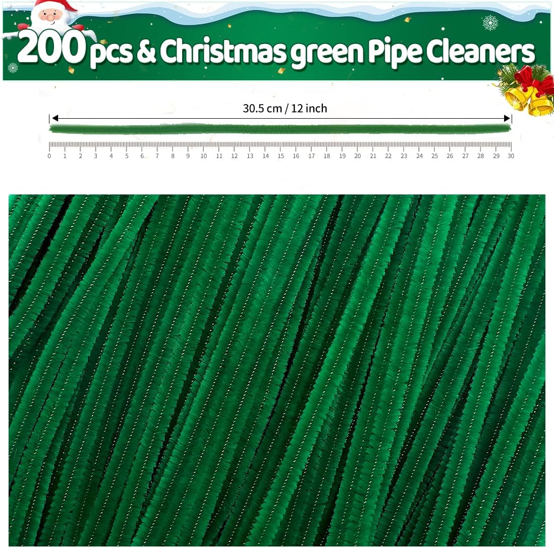 Iooleem 200pcs Christmas Green Pipe Cleaners, Chenille Stems, Pipe Cleaners for Crafts, Pipe Cleaner Crafts, Art and Craft Supplies.