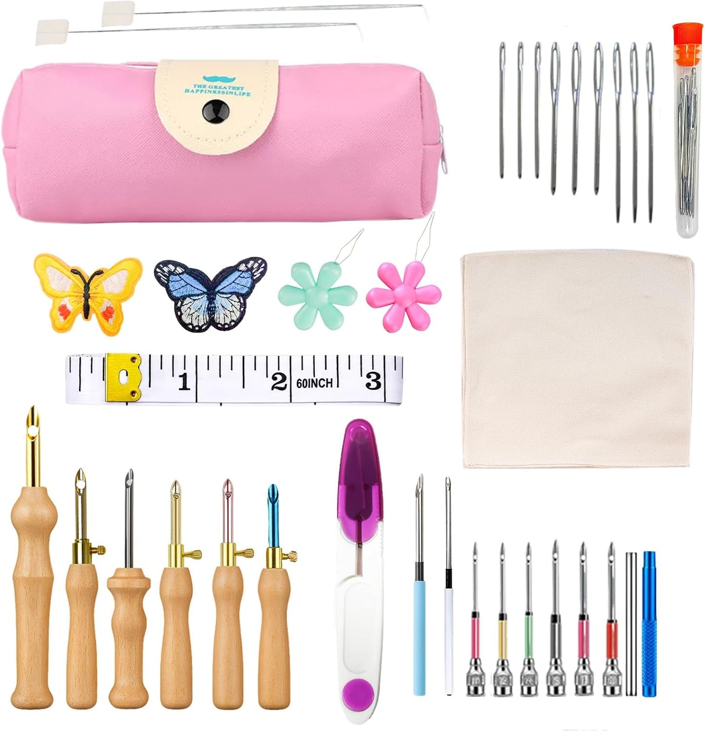 Punch Needle Kit, Adjustable Punch Needle Embroidery Kit Include Wooden Handle Embroidery Pen Set, Large Eye Needles, Punch Needle Cloth - Punch Needle Tool for Adult Beginners DIY Craft