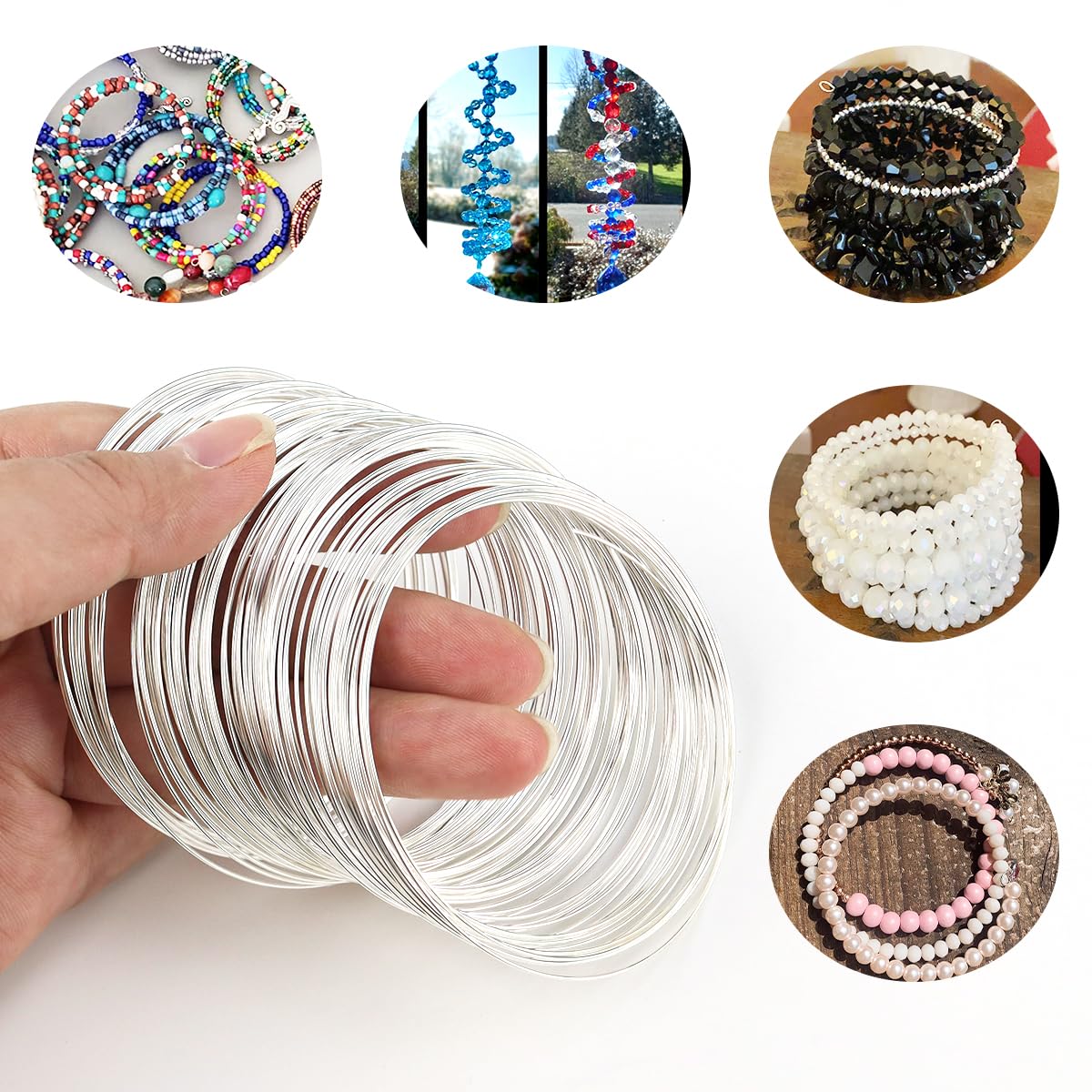 200 Loops Memory Steel Wire for Jewelry Making Supplies, 0.6mm Bangle Bracelet Wire Memory Beading Wire for Art Creation Necklace DIY Crafts Making (Silver)