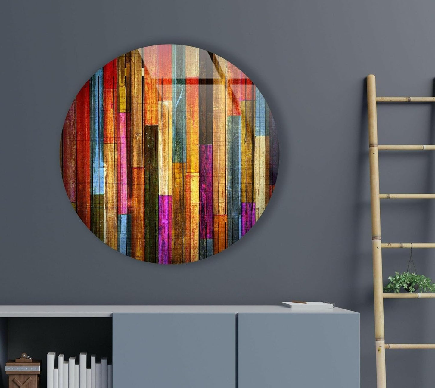 My Photostation.com 10''(25cm) Diameter Colorful Wood Pattern Round Glass Wall Art Tempered Glass Printing Wall Decor Large Wall Art Wall Hangings