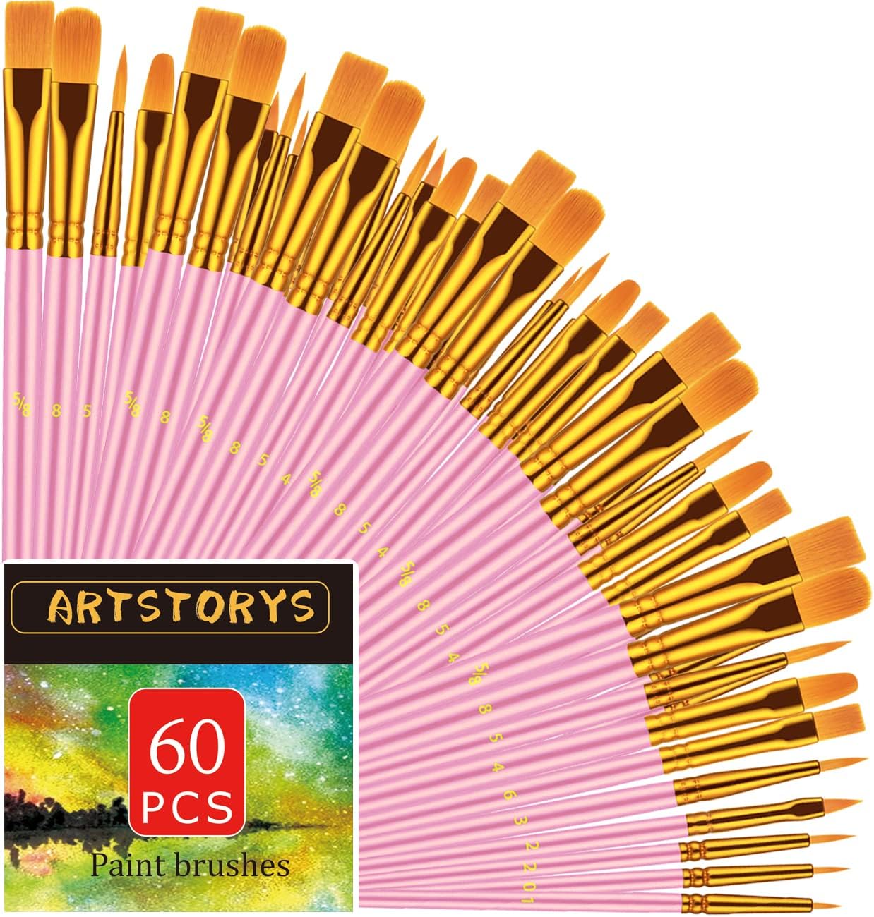 Paint Brushes Set, 60 Pcs Paint Brushes for Acrylic Painting, Oil Watercolor Acrylic Paint Brush, Artist Paintbrushes for Body Face Rock Canvas, Kids Adult Drawing Arts Crafts Supplies, Pink