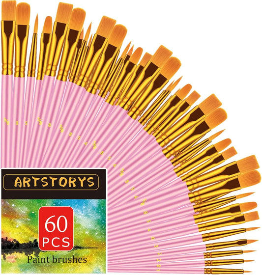 Paint Brushes Set, 60 Pcs Paint Brushes for Acrylic Painting, Oil Watercolor Acrylic Paint Brush, Artist Paintbrushes for Body Face Rock Canvas, Kids Adult Drawing Arts Crafts Supplies, Pink