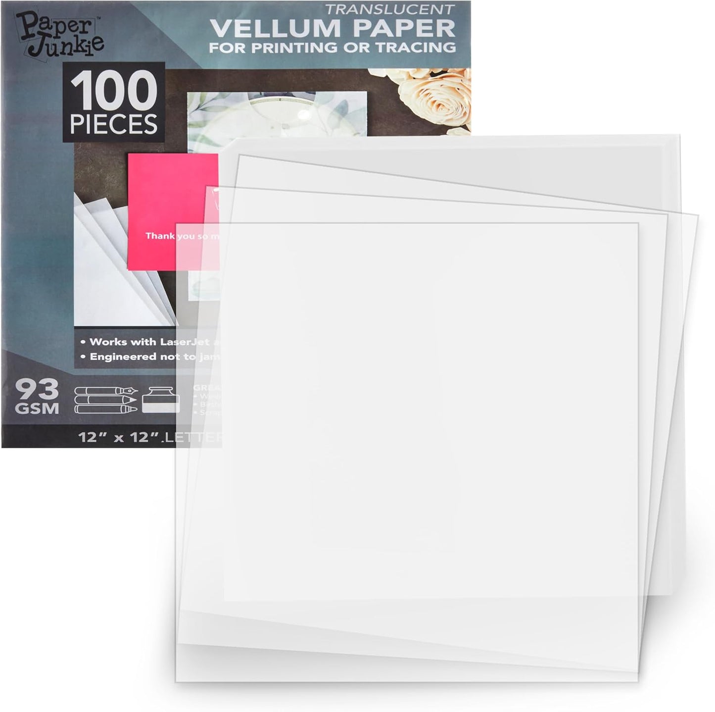 Translucent Vellum Sheets - 100 Sheets, 12 x 12 in, White - 93gsm/63lb Tracing Paper for Drawing & Invitation Paper - Transparent Craft Overlays