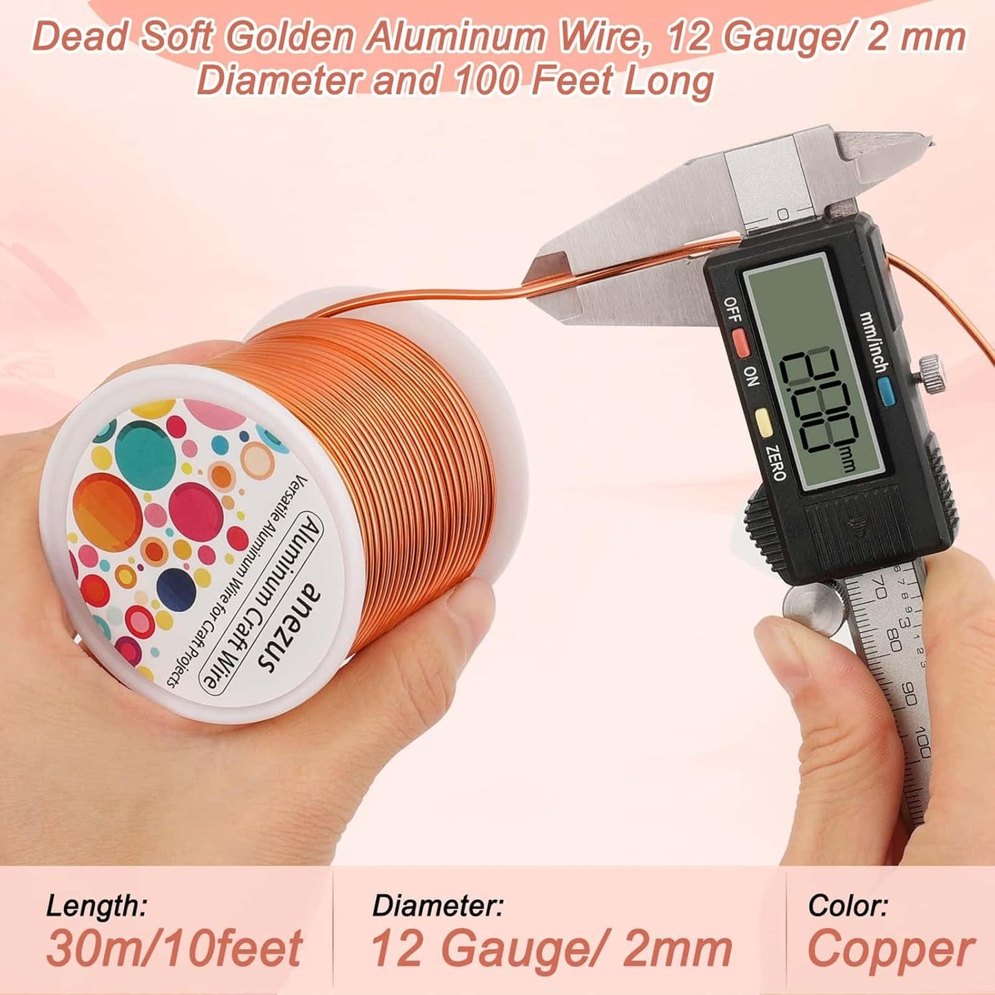 Anezus 12 Gauge Craft Wire Bendable - 2mm Metal Armature Sculpting Wire for Crafting, Wreath Making, Jewelry Making, Beading, Floral (Copper, 100 Feet)