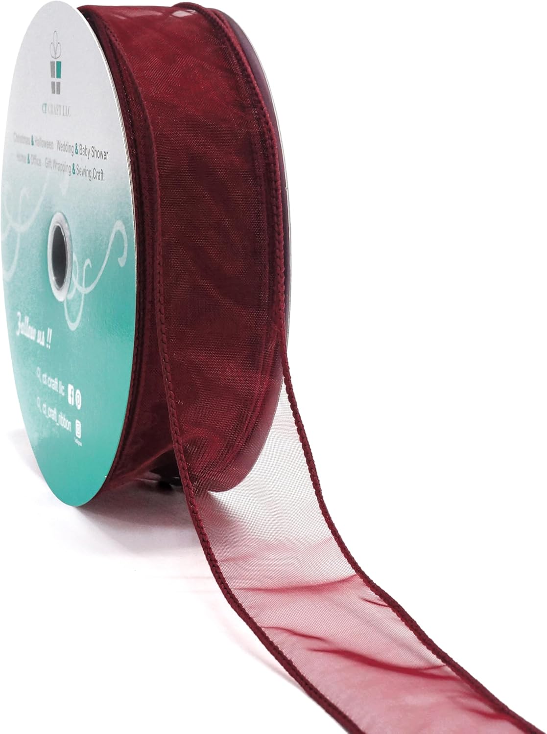 CT CRAFT LLC Sheer Organza Wired Ribbon 1.5" x 50Yards Burgundy for Wedding Chair Bow Flora Bouquet Gift Wrapping Christmas Tree Home Decor Wreath