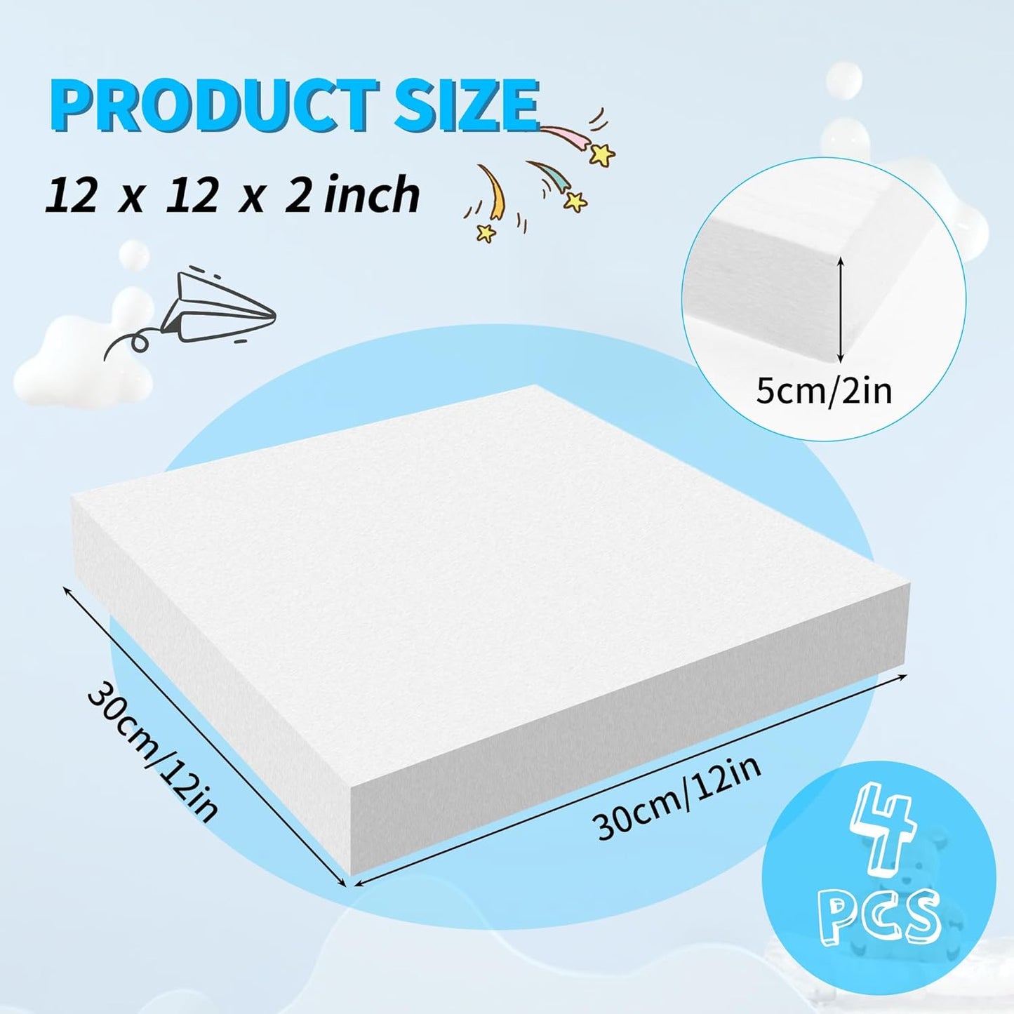 LuckyFoam White 4 Pack 12x12x2 inch Foam Sheets 2 Inch Thick Polystyrene Rectangles XPS Foam Board Craft for Insulating DIY Modeling Art Supplies