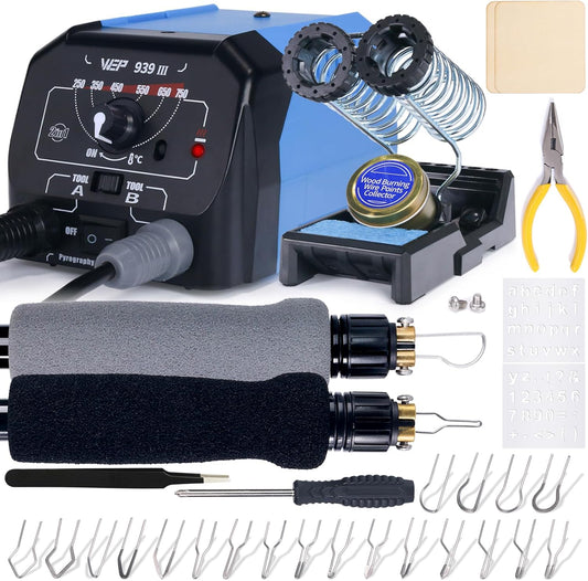 WEP 939-III Dual Pen Wood Burning Kit 34-IN-1 with 20 Woodburning Tips Soft-Grip Pyrography Pen with 2 Stencils, 2 Unfinished Wood, 1 Pen Holder Professional Wood Burner Tool