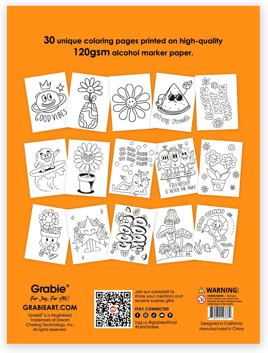 Grabie Easy Coloring Book for Adults Relaxation,Simple Mindful Coloring Pages for Alcohol Markers,Stress Relief Themes Flowers,Mushrooms,Monsters and More,Cute Designs(Feel Good with Color,30 Sheets)