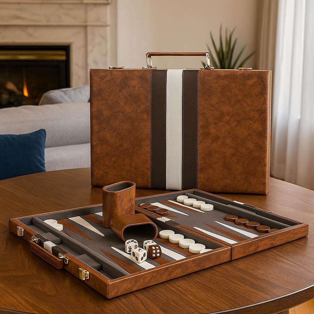 15inch Backgammon Set Classic Folding Board with Leather Case, Portable Travel Game, Ideal Gift Package for Strategy Lovers