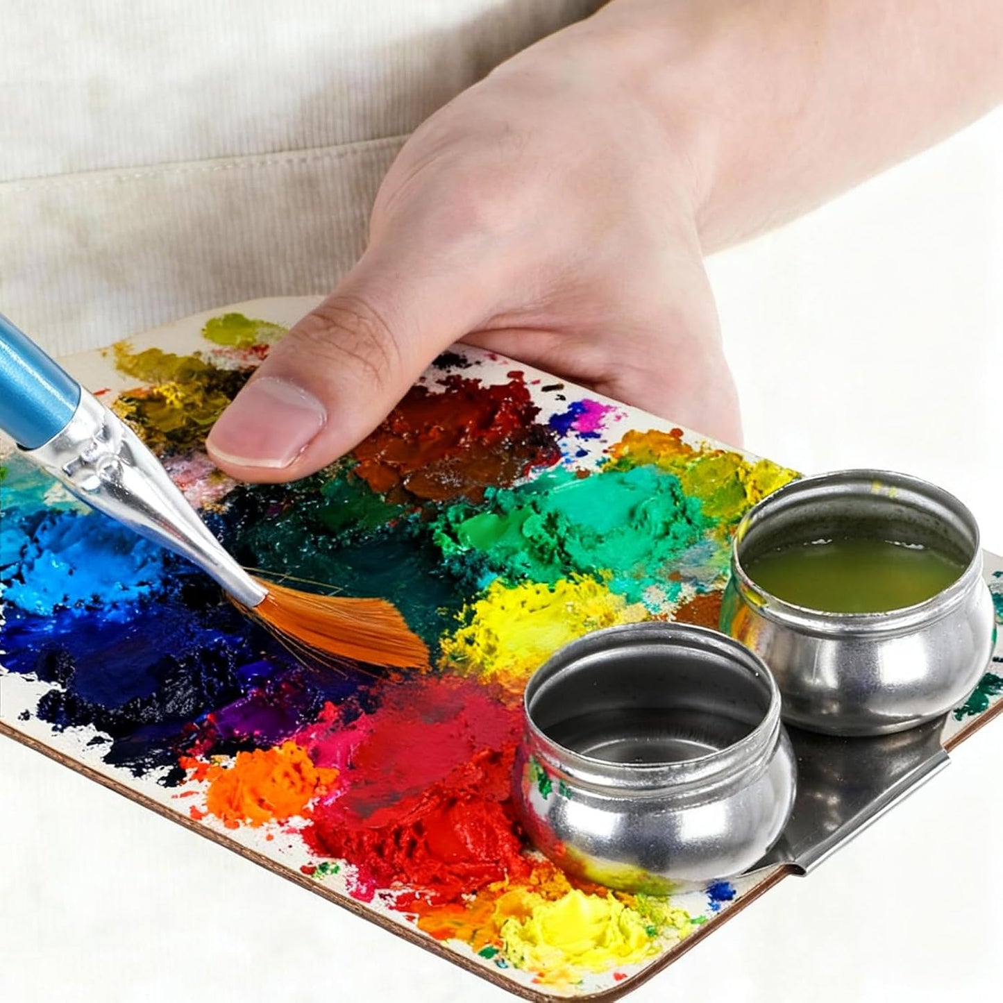 Stainless Steel Oil Painting Double Palette Cup with Screw Lid Dipper Clip, Large Mouth Double Dipper Palette Cup Portable Travel Double-Dipper Oil Painting Container for Acrylic Oils Watercolor