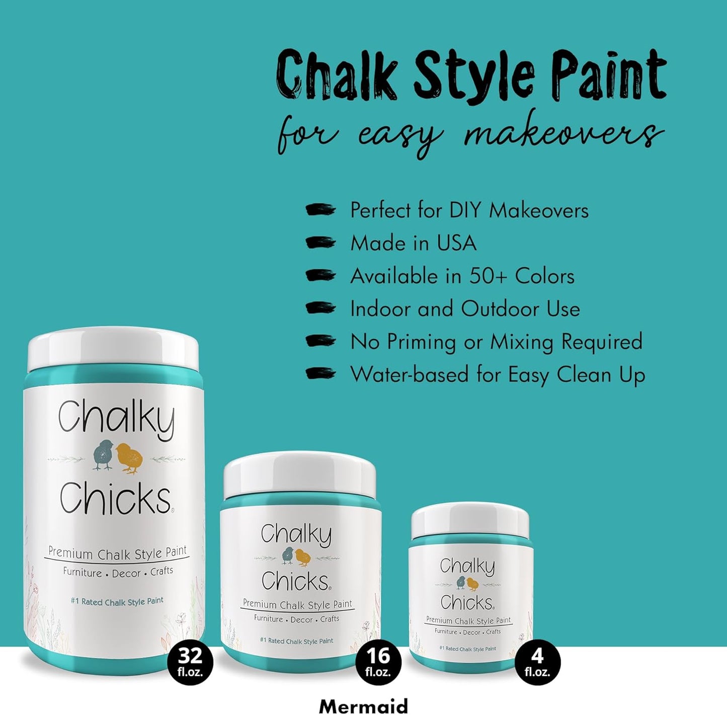 Chalky Chicks All-in-One Chalk Paint for Furniture or Cabinet - 32 Fl Oz - Matte Finish Mermaid (Green Teal) for Metal, Wood Furniture Paint - No Sanding All-in-One for Home Decor & Crafts, USA Made