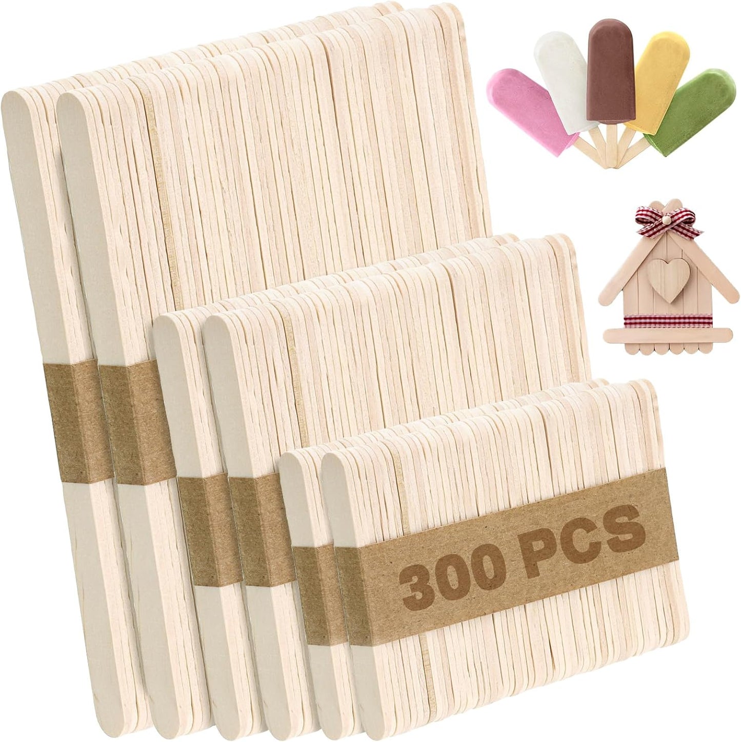 300PCS Wooden Sticks for Craft, 3 Sizes (2.5",4.5",6") Natural Wood Sticks Popsicle for Ice Cream Waxing Hair Removal and Wax Supplies Stir Classroom Art DIY Paint Craft Project Tongue Depressors