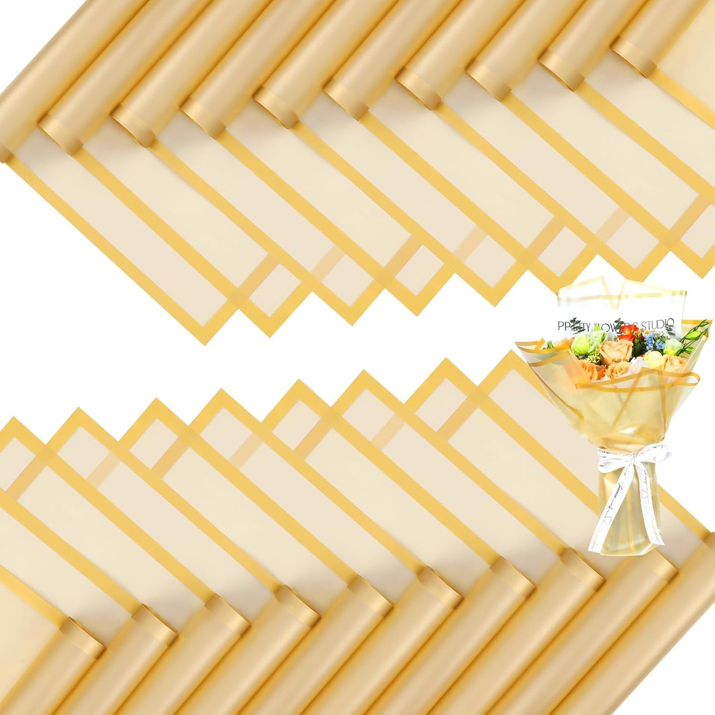 FUHITIM 20 Sheets Flower Wrapping Paper - Waterproof Floral Bouquet Packaging Paper for DIY Crafts，Florist Supplies Packaging Paper for Wedding Birthday Gift (Translucent Gold)