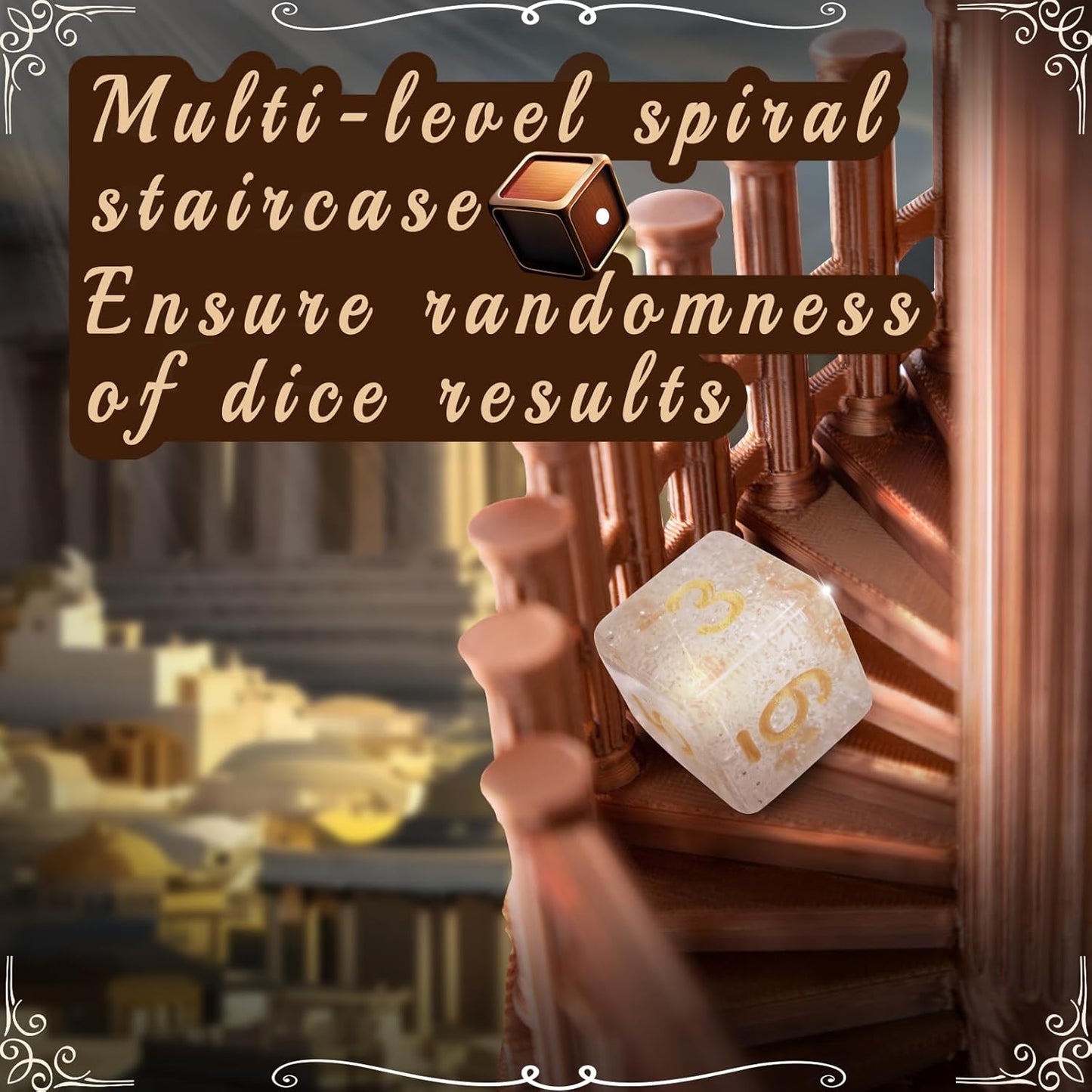 DND Dice Tower with Tray for Role Playing Game,Dungeons and Dragons,D&D,TRPG,7PCS Dice Included,Perfect Ancient Roman Castle Theme Dice Rolling Tower (Red Copper Color)