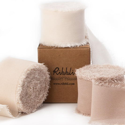 Ribbli Chiffon Silk Ribbon, 1.5 inch x 30 Yard, Cream/Champagne/Beige Fringe Chiffon Ribbon for Wedding Invitations, Bridal Bouquets Wrapping, Flower Arrangement Decoration