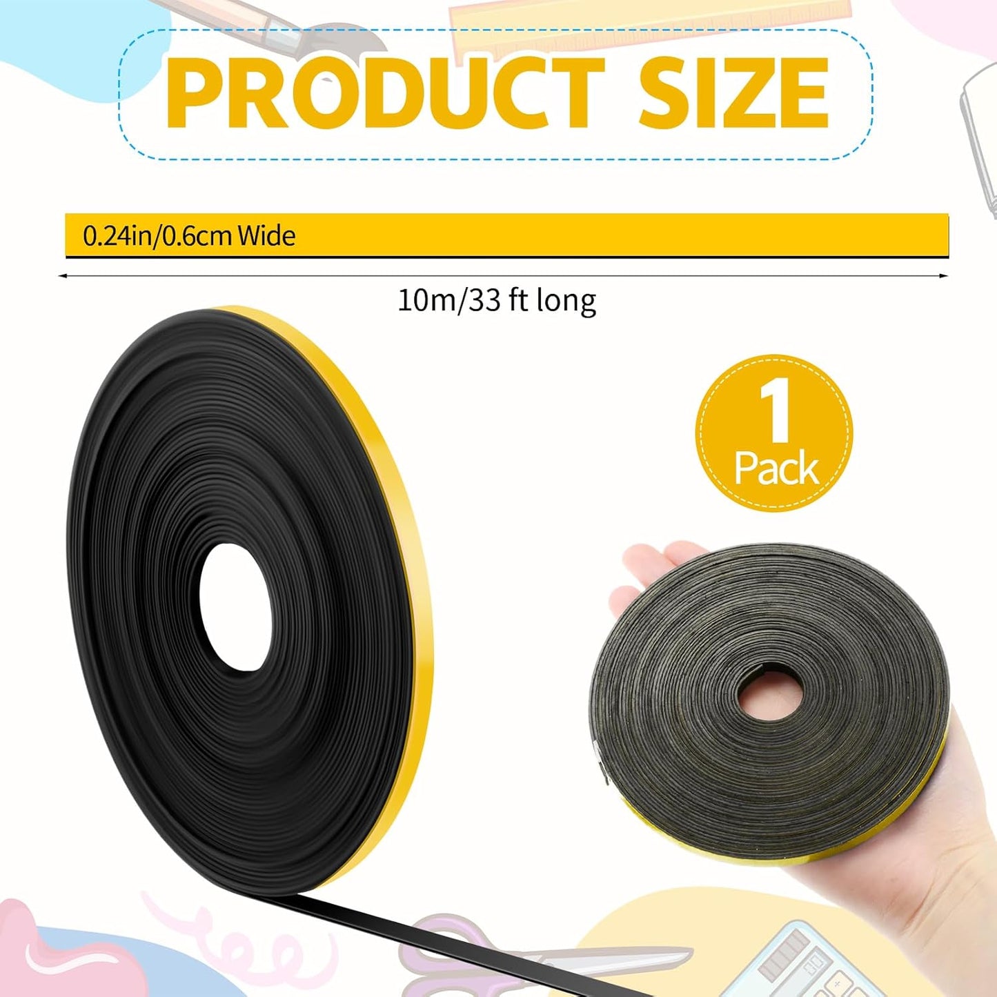 Magnetic Tape Roll Thin Strips, 1/4 Inch x 33 Feet Magnetic Board Dividers Whiteboard Graphic Decorative Tape Marking Line for Classroom Office Art Accessories(Yellow)