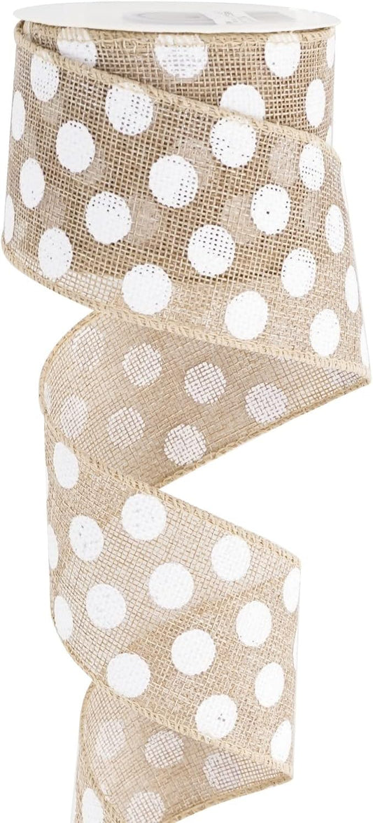 MEEDEE Burlap Ribbon with White Polka Dots - 2.5 Inch Natural Linen Wire Edge Craft Ribbon for Baby Shower, Beach, Farmhouse Gift Basket, 10 Yards